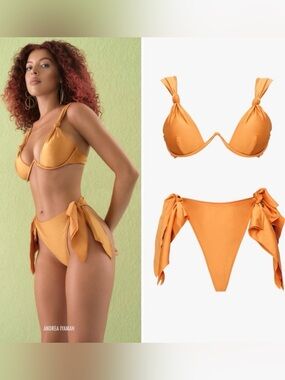 Andrea Iyamah Rai Golden Bikini Set XS NWT Satin Tie Side Underwire Swim $290